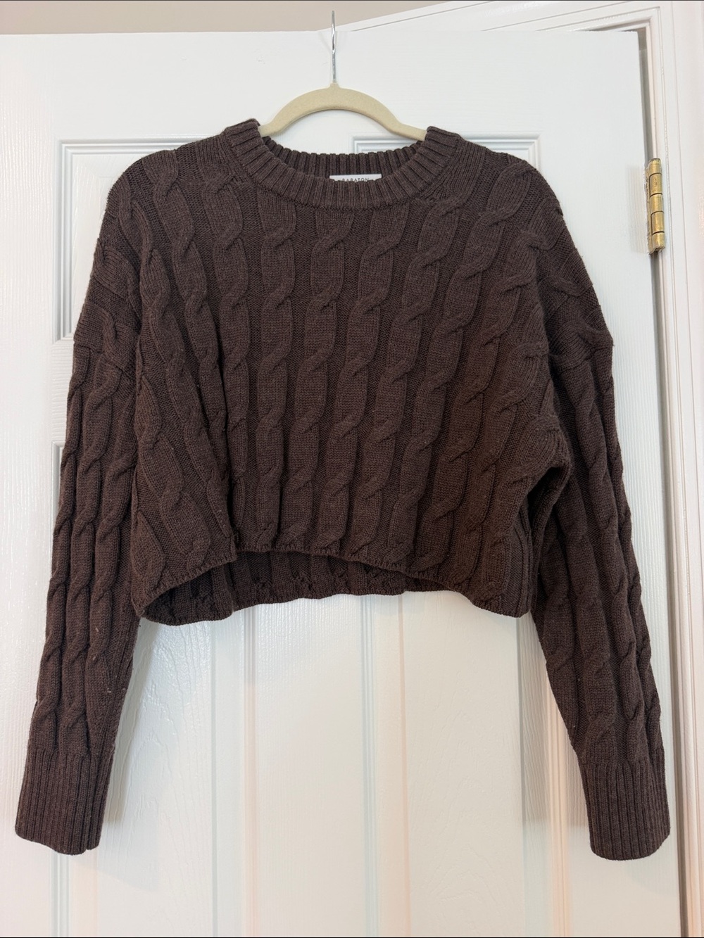 Babaton Cropped Cable-Knit Sweater in Chocolate Brown